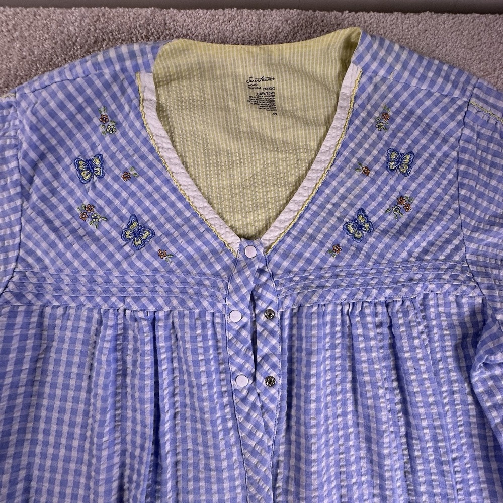 Vtg Secret Treasures Seersucker Night Gown Floral Snap Front 2XL Blue Butterfly - Picture 3 of 6